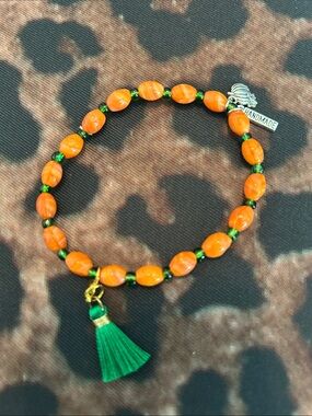 Handmade Orange and Green Beaded Tassel Bracelet